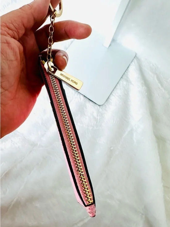 Michael Kors Coral Pink Saffiano Leather Card Holder Keychain - Picture 3 of 5